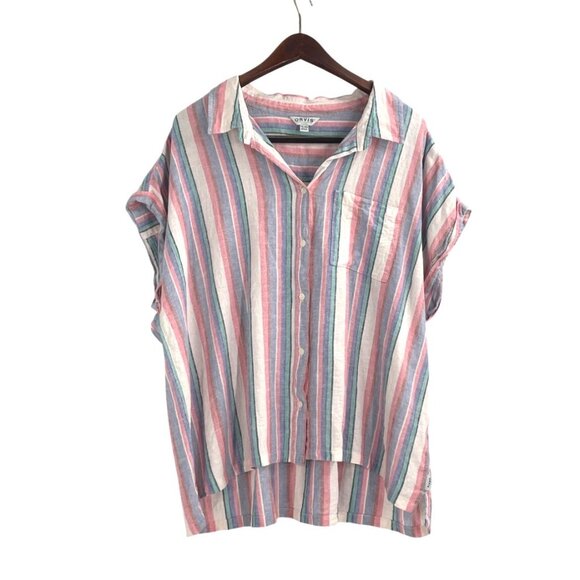 Orvis Tops - Orvis Womens XXL Linen Blend Multicolor Striped Button-Up Camp Shirt Coastal